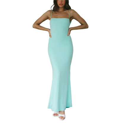 jinran Women Sling Long Dress, Sleeveless Off Shoulder Solid Color Ruffle Party Club Summer Spring Dress