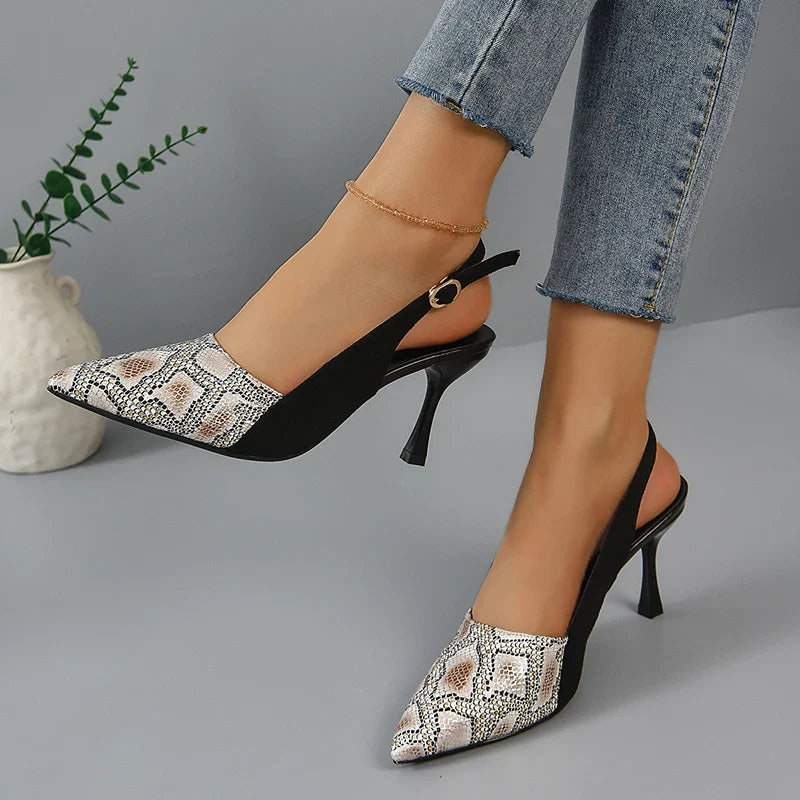 jinran 2024 New High Heels Mules Sandals Women Fashion Snake Pattern Thin Heeled Shoes Woman Back Strap Pointed Toe Sandalias