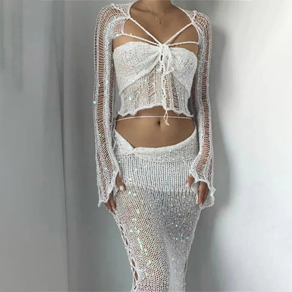 jinran 2024 Summer New Women's Beaded Knitted Sweater 4-piece Set Women Cardigan Y2k Gothic Clothes Cardigan Crop Top