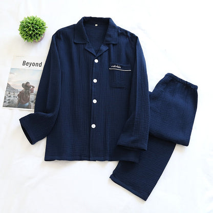 jinran New Spring And Autumn Pure Cotton Crepe Cloth Couple Soft Men Long-Sleeve Simple Home Service Women Two Piece Set