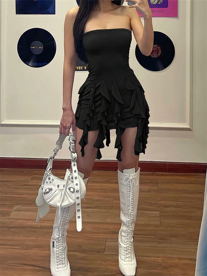 jinran Summer Women Fairy Ruffle Tassels Bodycon Dress Women Off-Shoulder Strapless Irregular Mini Dress Streetwear
