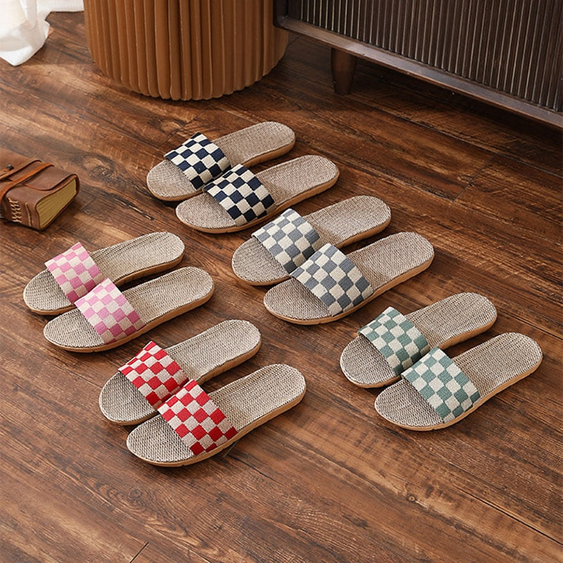 jinran New Checkerboard Linen Slippers Women 2022 Summer Indoor Home Shoes Household Non-slip Couple Four Seasons Men's Sandals Y