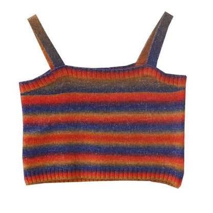 jinran Women Rainbow Striped Crop Tops Female Knitted Sleeveless Tank Tops Summer Camisoles Sweet Girls Casual Party Daily Club Vest