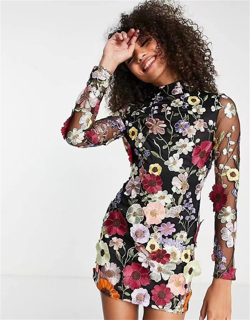 jinran Floral Women Mini Dress New in Elegant Embroidery Half High Collar Long Sleeve Dress Luxury Lady Evening Party Dresses