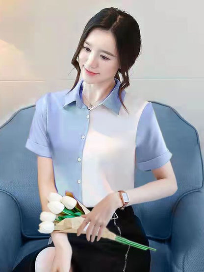 jinran Korean Fashion Hit Color Patchwork Loose Blouse Elegant Chiffon Tops Office Lady Spring Summer Chic Button Up Shirts Tunics