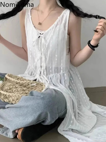 jinran White Dress Women Clothing Vestido Femme O-neck Bandage Tunic Sleeveless Robe Femme Spit Embroidery See Through Summer Dresses