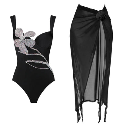 jinran 2024 One Piece Swimsuit Women Swimwear with Beach Skirt V Neck Bathing Suit Flower Beachwear Monokini Swim Summer