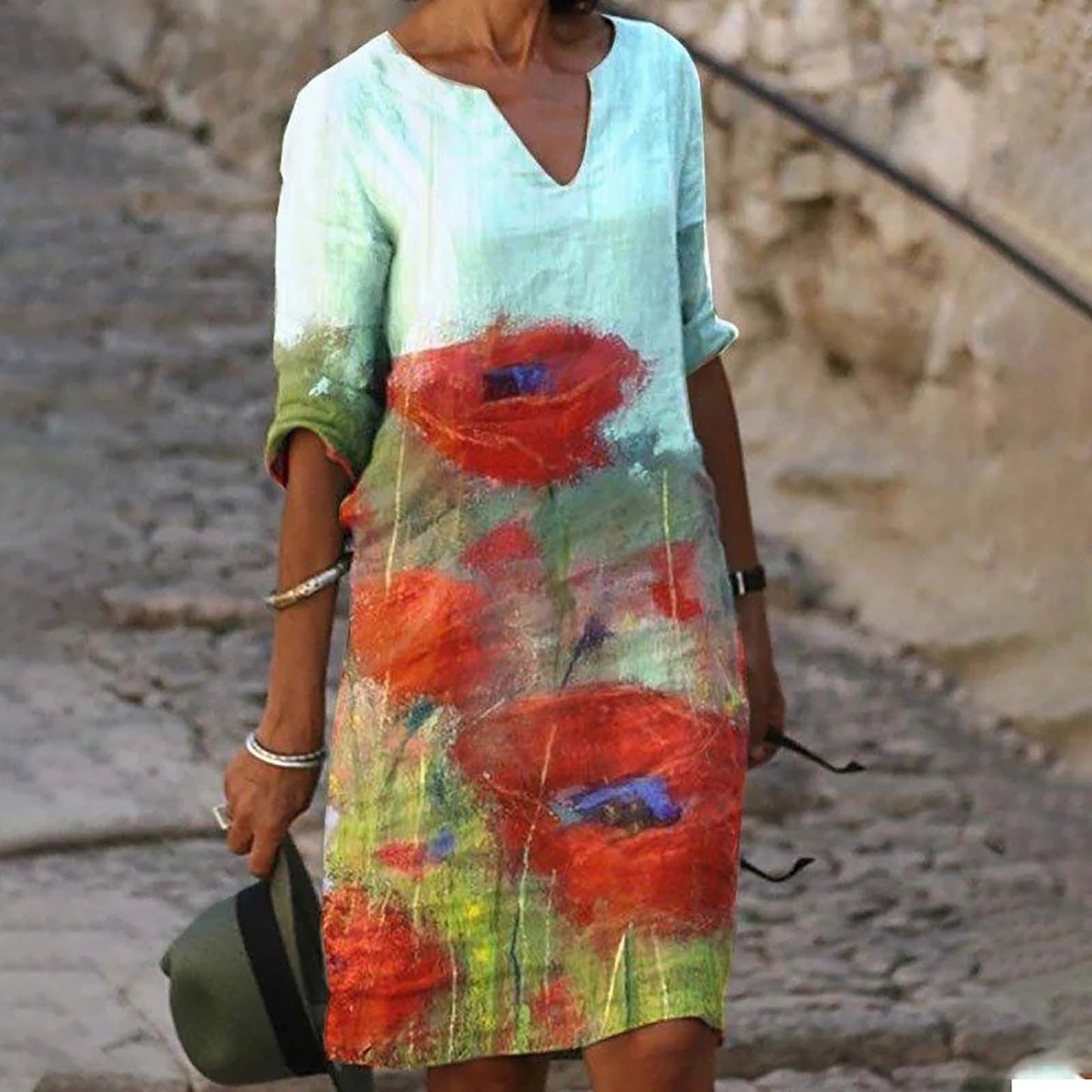 jinran Women Elegant Dress Summer Fashion Loose V-Neck Half Sleeve A-Line Dress Sundress Female Vintage Print Midi Dresses Vestidos