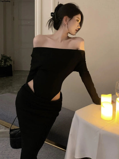 jinran Women Sexy Hollow Out Black Long Dress Spring Autumn Fashion Bodycon Party Prom Runway Robe Female Y2k Streetwear Mujers Clothes