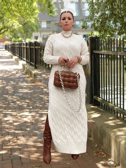 jinran White Knitted Dress Lady Long and Elegant Plus Size Clothes Sweater Dresses for Women Thick Winter Dress Wholesale Dropshipping