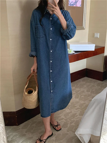 jinran Spring Summer Women Casual Denim Shirt Dress Loose Long Sleeve Cardigan Dress Korea Ladies Womens Denim Shirt Long Dresses