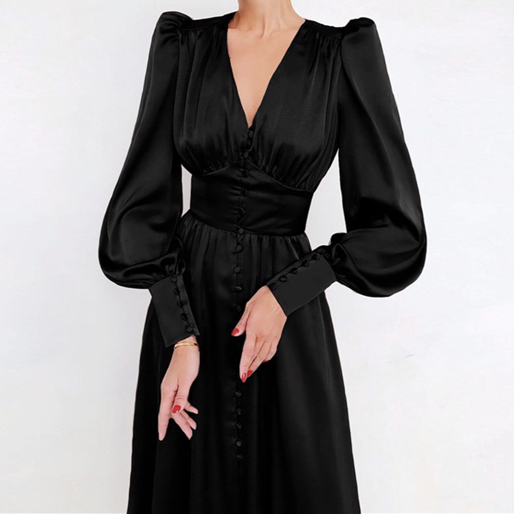 jinran Women Autumn Puff Sleeve Elegant Dress Long Sleeve V Neck Slim Waist Long Dress Korean Fashion Vintage Dresses Female