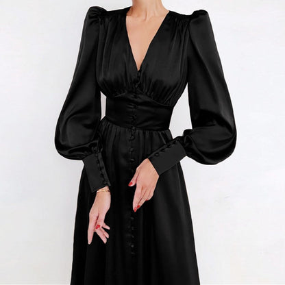 jinran Women Autumn Puff Sleeve Elegant Dress Long Sleeve V Neck Slim Waist Long Dress Korean Fashion Vintage Dresses Female