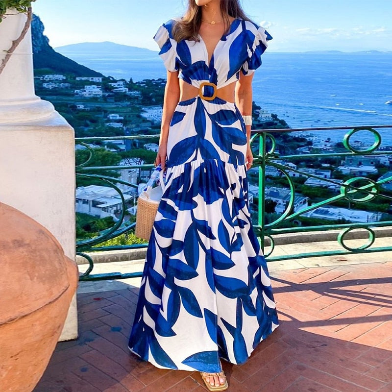 jinran Women Maxi Dress Summer Sexy Fashion Leaky Waist V Neck Backless Butterfly Short Sleeve Print Long Skirt Dresses