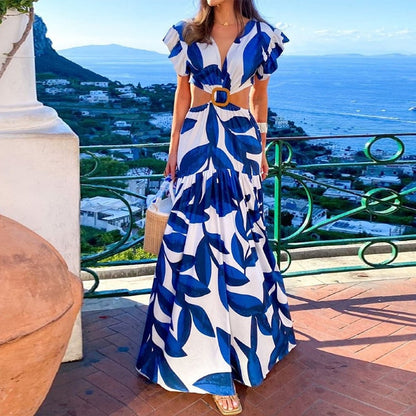 jinran Women Maxi Dress Summer Sexy Fashion Leaky Waist V Neck Backless Butterfly Short Sleeve Print Long Skirt Dresses