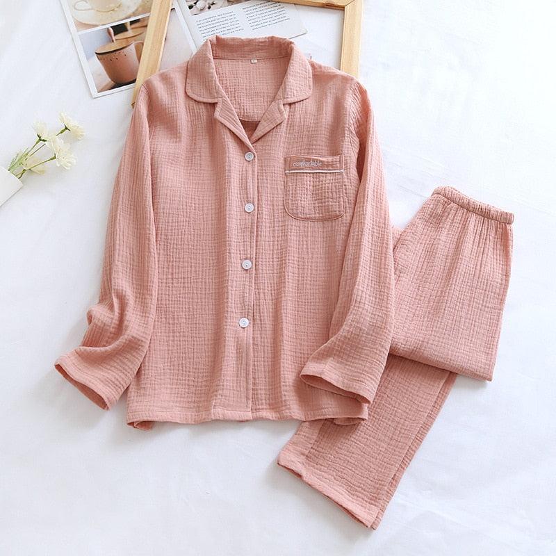 jinran New Spring And Autumn Pure Cotton Crepe Cloth Couple Soft Men Long-Sleeve Simple Home Service Women Two Piece Set