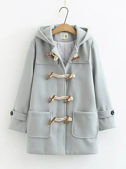 nvxiot  -  Winter Women Wool Blends Coat Straight Long Hooded Coats Jacket  Horn Button  Sleeve Preppy Style Female Warmness Outwears