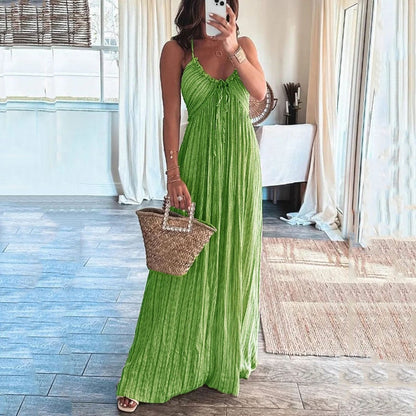 jinran Women Maxi Dress Summer Casual Printed Halter Sleeveless V Neck Lace Up Backless Beach Loose Dresses High Streetwear