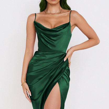 jinran Swing Collar Sexy Split Satin Dress Summer Fashion Sling Temperament Folds High Waist Solid Pullover Elegant Women Dresses