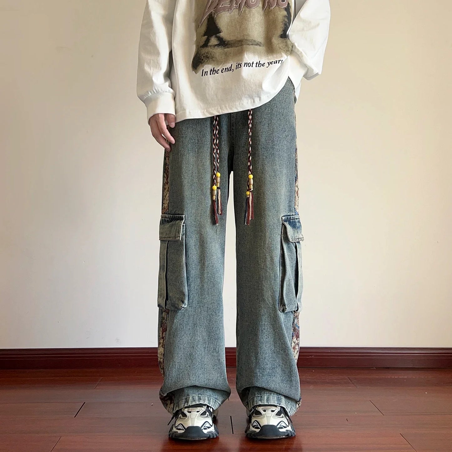 Spring New Men's Patchwork Cargo Jeans Oversized Wide Leg Trousers Men Big Pockets Hip Hop Streetwear Fashion Blue Denim Pants