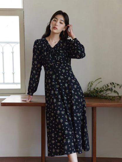 jinran Spring New Women Floral Chiffon Long Dress Lace-up V-Neck Design Female Long Sleeve Print A-LINE Dresses