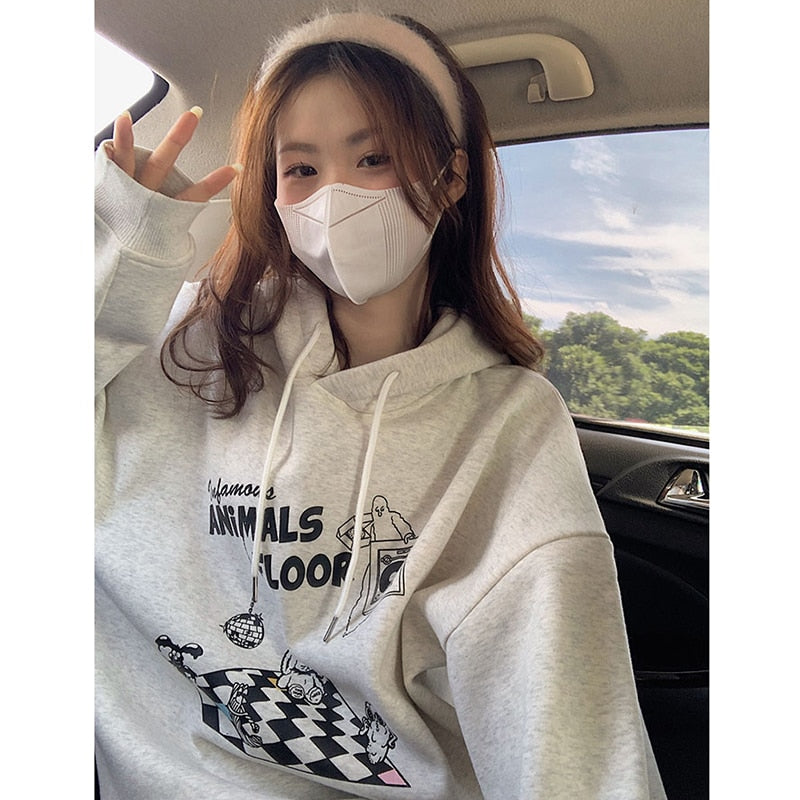 jinran Korean Grey New Autumn Clothing Vintage Loose Pullover Fashion Letter Print Sweatshirt Lazy Casual Raglan Sleeves Hoodie Ladies