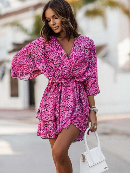 jinran Seawefit 2024 Print Chiffon Dress Ruffle Long Sleeves Mini Dresses Women Belt String Outfits Female Shirring Elegant Floral Robe