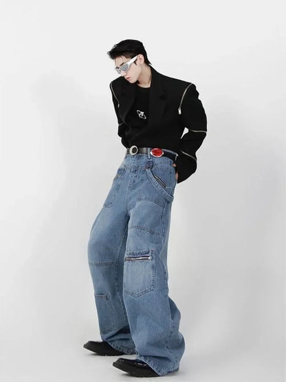 Baggy Cargo Jeans Men Denim Wide Leg Trousers Male Oversize Casual Streetwear Hip Hop Pocket Zipper Safari Style