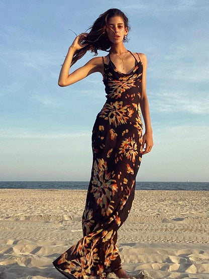 jinran Print Maxi Dress Women Sexy Low Cut Cowl Neck Back Lace Up Sexy Dresses Seaside Party Club Wear Long Dress 2020 New