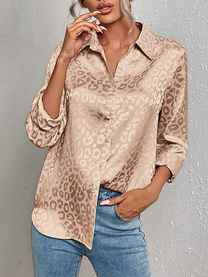 jinran Elegant Office Lady Leopard Print Lapel Blouse Casual Long Sleeve Jacquard Spring Summer Luxury Shirt Vintage Oversize Top Tunic