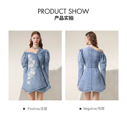 jinran Spring 2024 New Irregular Sexy Cold-Shoulder Mesh Flower Famale Dress New Chinese Style Denim A-LINE Women Dresses