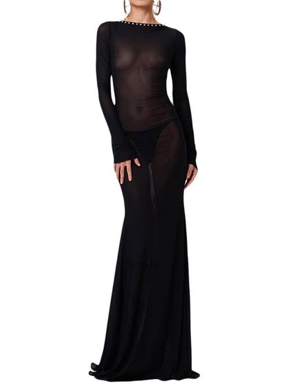 jinran Women See Through Bodycon Long Dress Long Sleeve Mesh Sheer Maxi Dress Cross Tie Up Backless Club Party Dress Maxi Dress