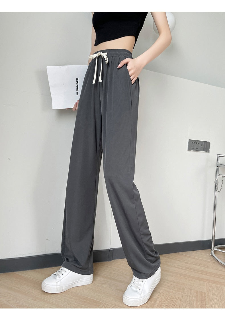 jinran Girls' New Summer Slim Ice Silk Quick Drying Wide Leg Pants Women'S Fashion Trend Versatile Anti Mosquito Straight Trousers