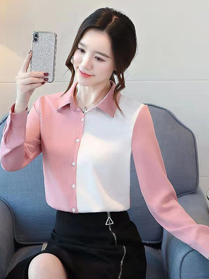 jinran Korean Fashion Hit Color Patchwork Loose Blouse Elegant Chiffon Tops Office Lady Spring Summer Chic Button Up Shirts Tunics