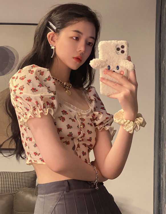 jinran Elegant French Style Summer Women Puff Sleeve Floral T shirts Casual Lace Patchwork Slim Cropped Tops Streetwear Harajuku Tee