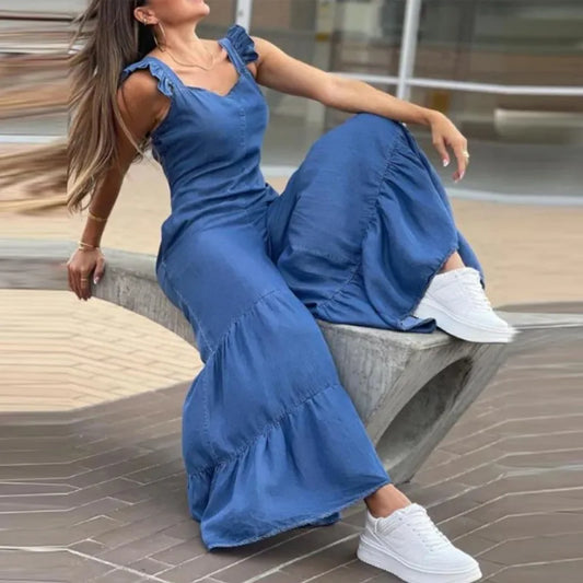 jinran Women Solid Imitation Denim Jumpsuits Spring V Neck High Waist Straight Playsuits Summer Backless Wide Leg Pleated Pants Rompers