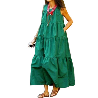 jinran Spring Summer Sleeveless Round Neck Crepe Patchwork Dress Solid Color Green Red Holiday Style Casual Beach Dress