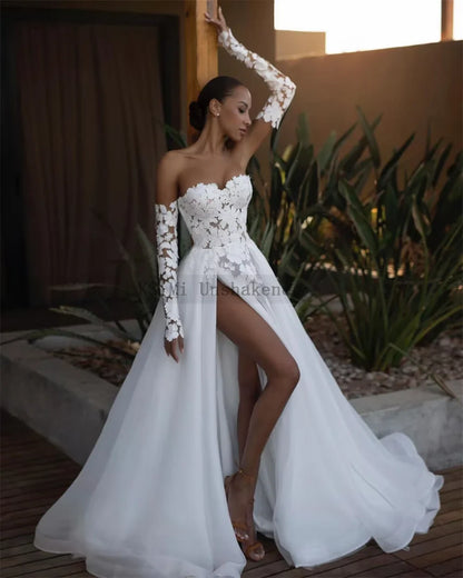 jinran White Sexy African Wedding Dresses Beach Long Sleeve Lace Bride Dress Split Side Organza Wedding Gowns Sweep Train Boda