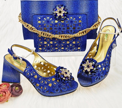 jinran Newest Gold Color Cutout High Heels Decorated with Rhinestone Flower Design Party Women's Shoes and Bags Set