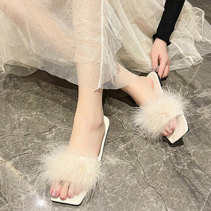 jinran Blue Summer Flat Fur Slipper Women 2024 Soft Bottom Non Slip Slides Shoes Woman Fashion Square Toe Fluffy Slippers