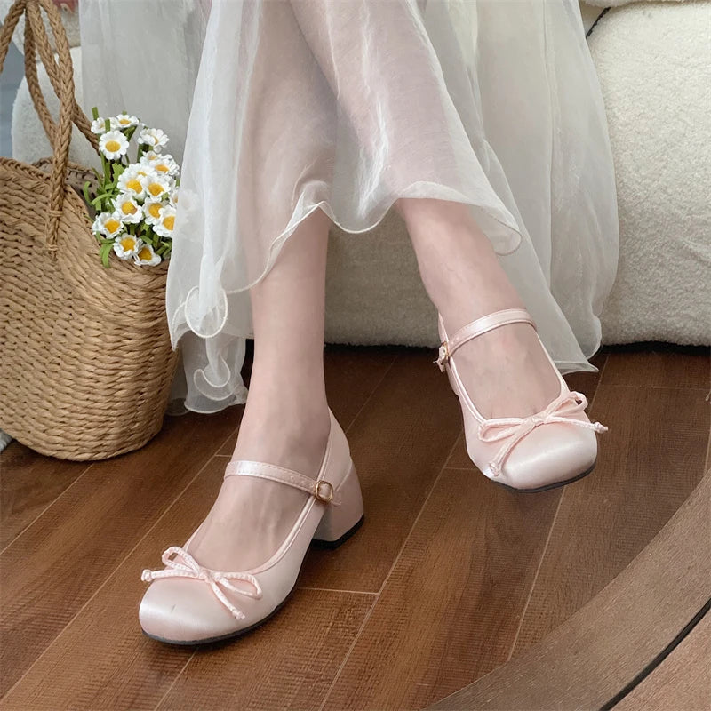 jinran New Thick Heel Shoe Elegant Bow Lolita Shoes College Girls High Heels Pumps Fashion Women Sandals Dancing Shoes Mary Janes Shoes