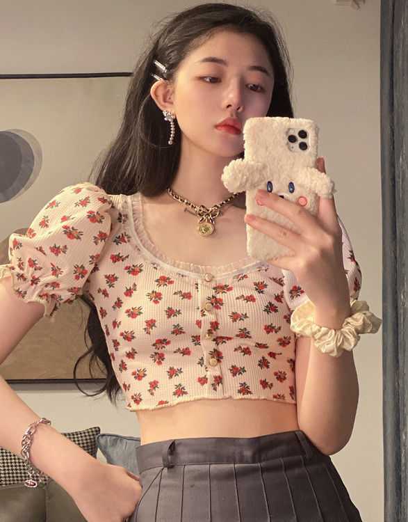 jinran Elegant French Style Summer Women Puff Sleeve Floral T shirts Casual Lace Patchwork Slim Cropped Tops Streetwear Harajuku Tee