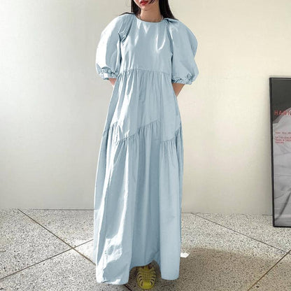 jinran 2022 Summer Half Puff Sleeve Sundress Women Casual O Neck Smocking Vestidos ZANZEA Vintage Loose Solid Kaftan Oversize Club Robe