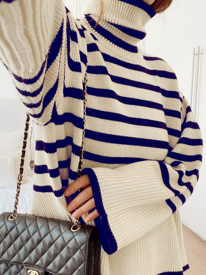 jinran Fashion Tops Women Striped High Collar Sweater New Autumn Winter Loose Design Knitted Pullover Oversized Sweater  Jumper