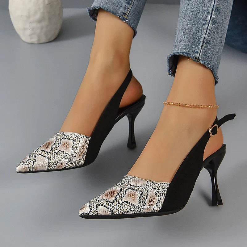 jinran 2024 New High Heels Mules Sandals Women Fashion Snake Pattern Thin Heeled Shoes Woman Back Strap Pointed Toe Sandalias