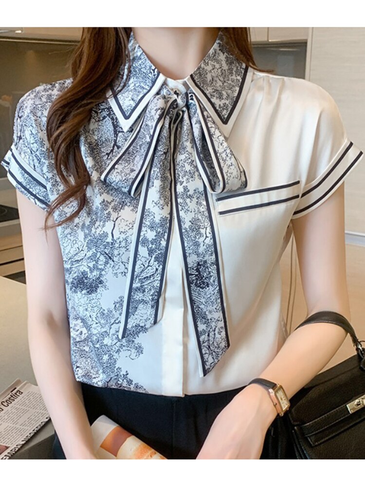 jinran Elegant Satin Luxury Women's Blouses Summer Casual Fashion Short Sleeve Print Stitching Bow Collar Shirt Loose Tops Chic Tunics