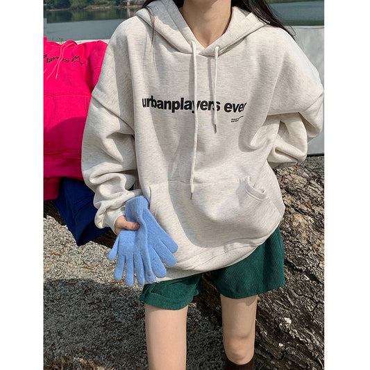 jinran College Style New Grey Baggy Pullover Letter Printing Pocket Fleece Thicken Sweatshirt Lazy Casual Raglan Sleeves Hoodie Winter