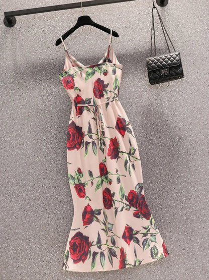 jinran 2024 Summer Vintage Elegant Rose Printing Sling Sexy Dress V-neck Chic Evening Chiffon Dresses Fashion Prom Party Maxi Vestidos