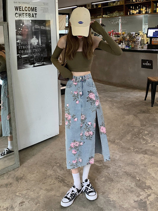 jinran Spring And Summer Trendy Flower Split Denim Skirt Women's 5XL Slightly Fat MM Thin Bag Hip Mid-length A-line Skirt