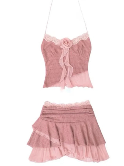 jinran 2024 Sweet Hot Girl Suit Women's Summer Sexy Slim Fit Camisole Top High Waist Mini Skirt Two Piece Set Fashion Female Clothes